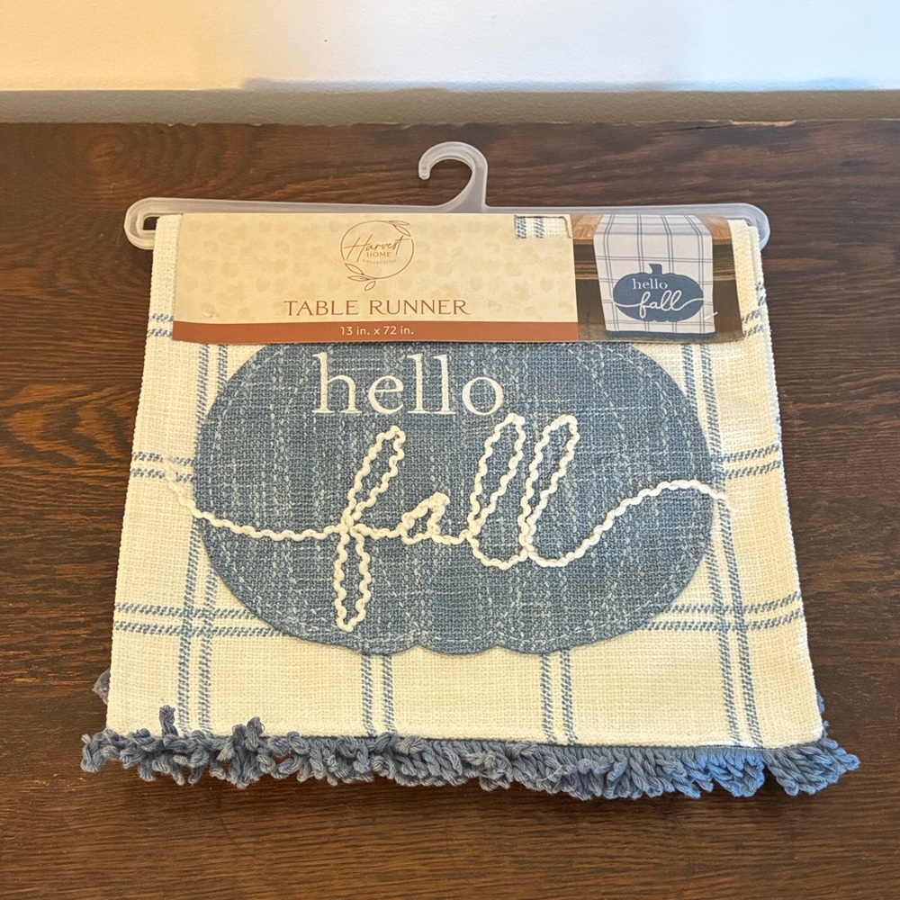 NWT- Blue & White Embroidered Hello Fall Pumpkin Table Runner- 72x13